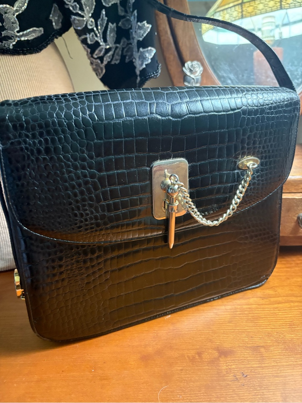 Vintage Nicholas Reich Purse Bags 1960's Handbag Purse Black Croc Embossed Gold
